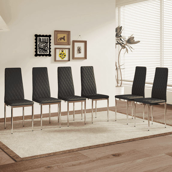Ciphrias Dining Chairs Set of 6 Black PU Leather Quilted Silver Metal Legs 38 in
