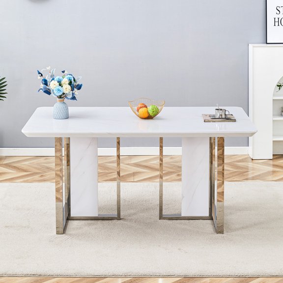 Ciphrias Dining Table 63" White MDF Top Silver Metal Frame Rectangular for Dining Room Kitchen