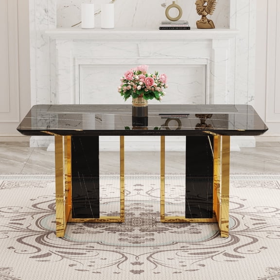 Ciphrias Dining Table 78.7" Black Top Gold Metal Frame Rectangular for Dining Room Kitchen