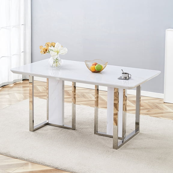 Ciphrias Dining Table 78.7" White MDF Top Silver Metal Frame Rectangular for Dining Room Kitchen