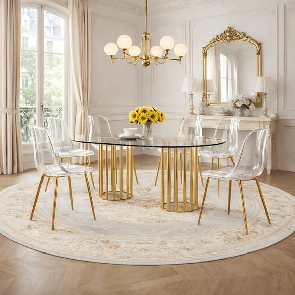 TesNus Glass Dining Table Set for 6, 71" Oval Tempered Glass Table with Gold Metal Base and Transparent Chairs for Dining Room