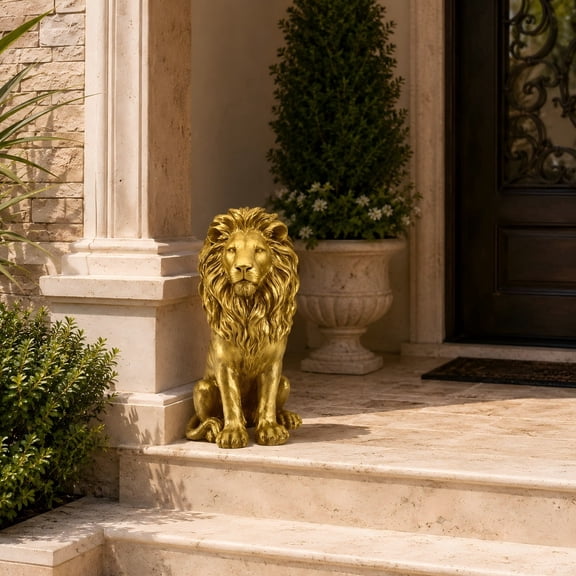 Ciphrias Lion Statue 24 Inch Gold Resin Outdoor Garden Guardian Sculpture