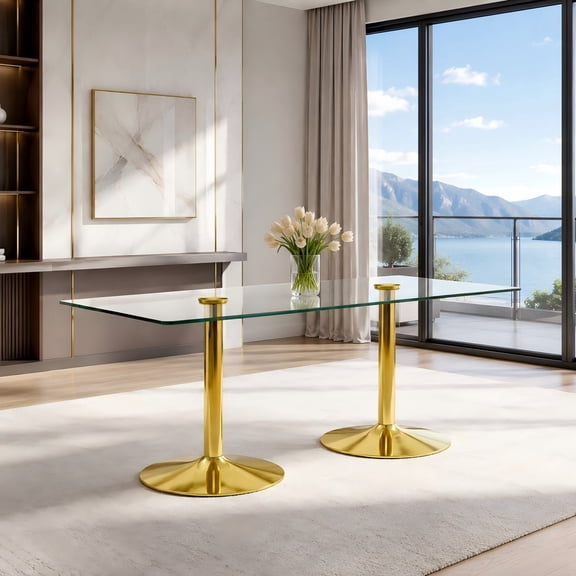 Ciphrias Modern Dining Table 71 Inch Clear Tempered Glass Top Gold Metal Legs for Kitchen Room