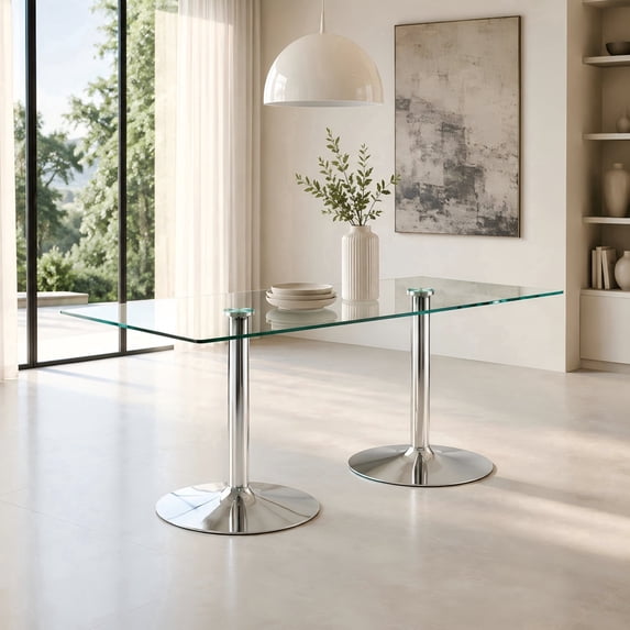 Ciphrias Modern Dining Table 71 Inch Clear Tempered Glass Top Silver Metal Legs for Kitchen Room