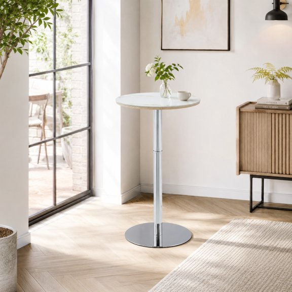 Ciphrias Round Bar Table 23.6 In White Sintered Stone Silver Base For Kitchen Bistro