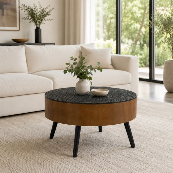 Ciphrias Round Carved Coffee Table 32 Inch Mid Century Wood MDF for Living Room