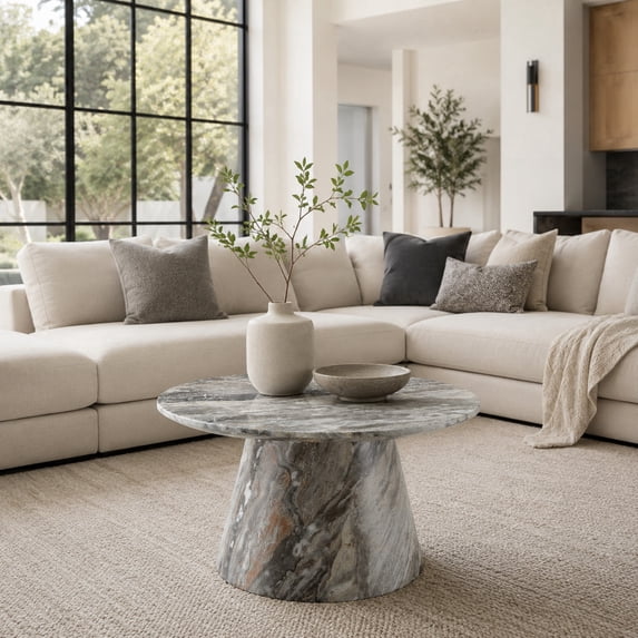 Ciphrias Round Coffee Table, 24 inch Grey Marble Look MDF with Pedestal Base for Living Room