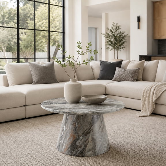 Ciphrias Round Coffee Table 24 Inch Grey Textured MDF Sticker Accent for Living Room