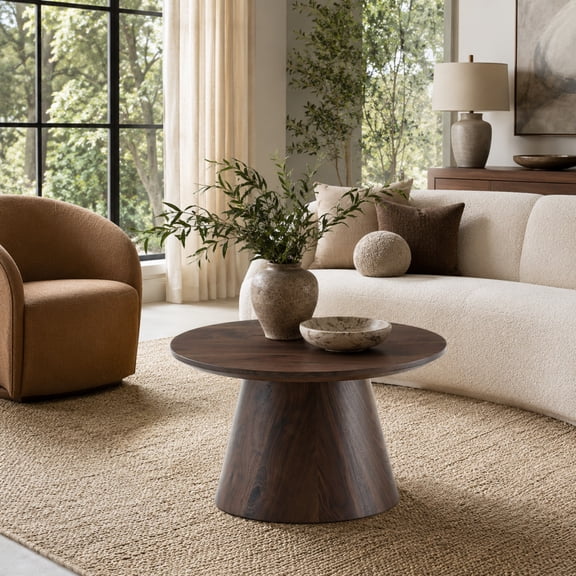 Ciphrias Round Coffee Table 24 Inch Walnut Wood Grain MDF Sticker Accent for Living Room