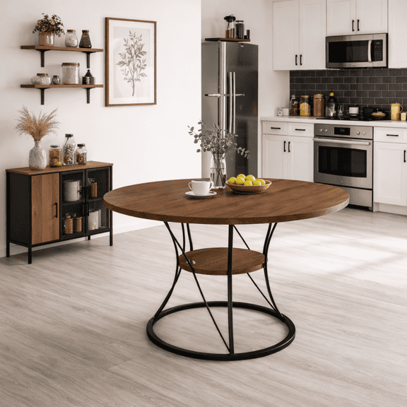 Ciphrias Round Dining Table 43-59 Inch Extendable, Walnut Wood Table with Storage Shelf, Black Metal Base for Dining Room Kitchen
