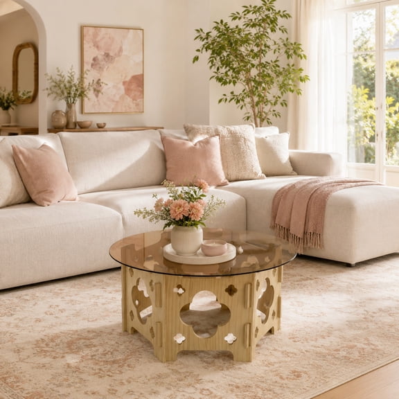 Ciphrias Round Glass Coffee Table 31 Inch Floral Carved Wood Base Cat Nest for Living Room
