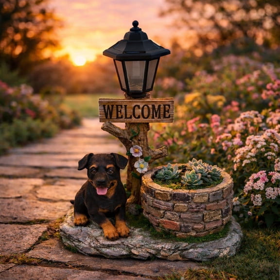 Ciphrias Solar Puppy Dog Planter Statue, Resin Garden Flower Pot with LED Light, Brown Outdoor Decor for Yard Patio Balcony