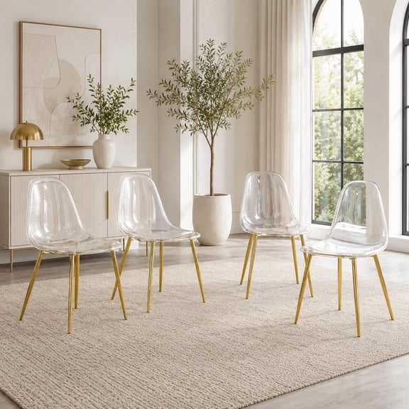 Ciphrias Transparent Dining Chairs Set of 4 Clear Plastic Armless Gold Metal Legs for Kitchen Room