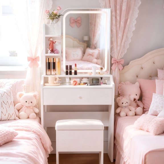 Ciphrias Vanity Set With LED Mirror Cream White MDF Makeup Table For Bedroom