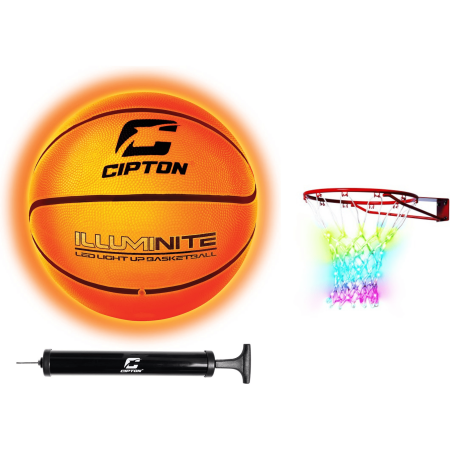 Cipton Basketball and LED Net Bundle, LED Light Up Basketball, Size 7-8-9 Indoor and Outdoor Basketball, Perfect for Outdoor Games, Basketball Pump Included, Premium Rubber Basketball