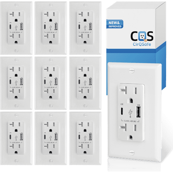 CirQSafe 20A 125V TR Duplex Wall Outlet with USB-C 45W & USB-A 30W, Smart Chip, 10 Pack, White