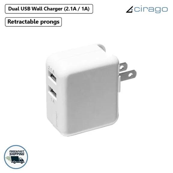 Cirago 5V Dual Usb Portable Wall Charger Retractable Prongs Ac Power Adapter