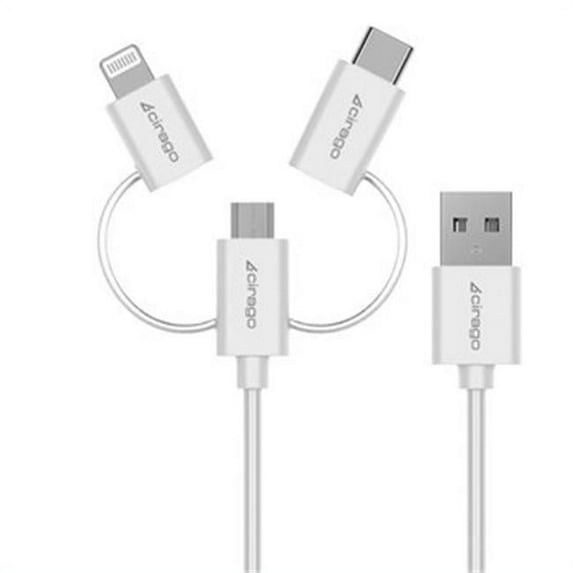 Cirago International IPLCU04WHT 3-in-1 Sync & Charge Cable with Lightning, USB-C, Micro USB Connectors - 4 ft. - White
