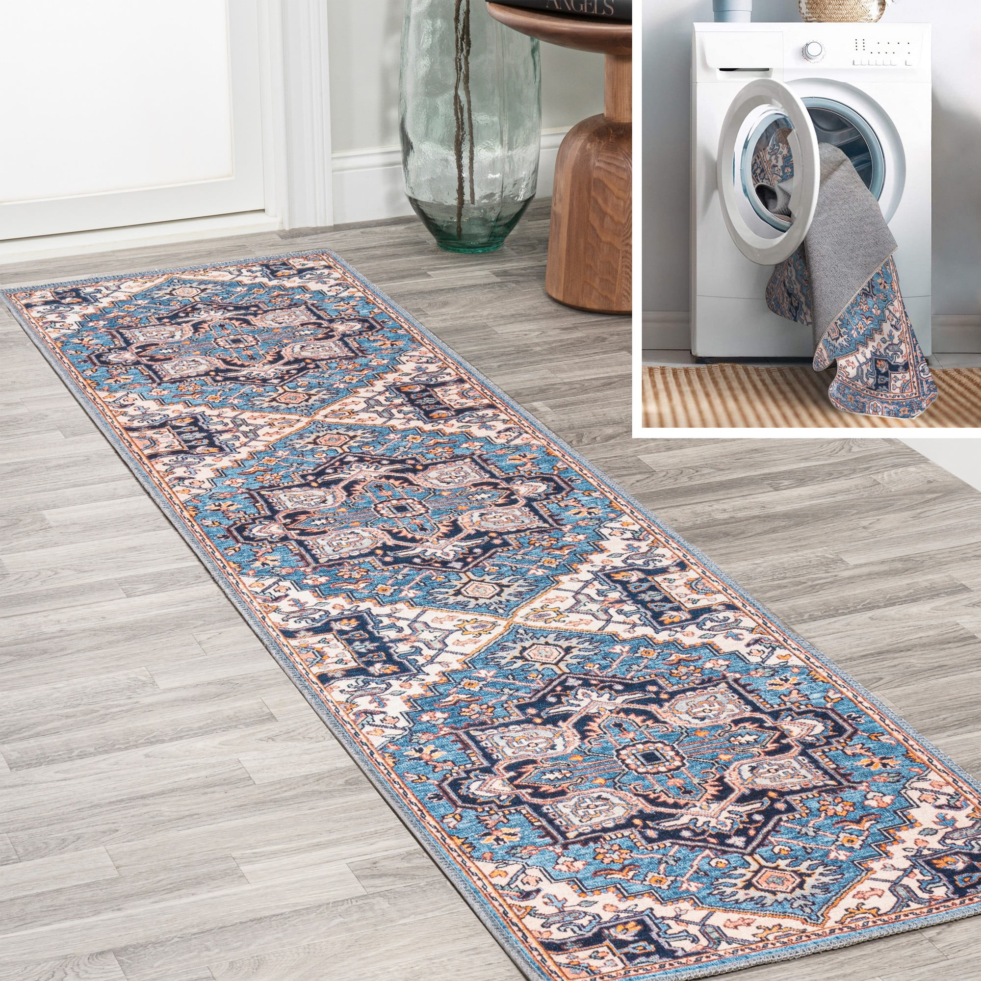 Cirali Bohemian Blue/Beige Medallion 2x8 Washable Runner Rug