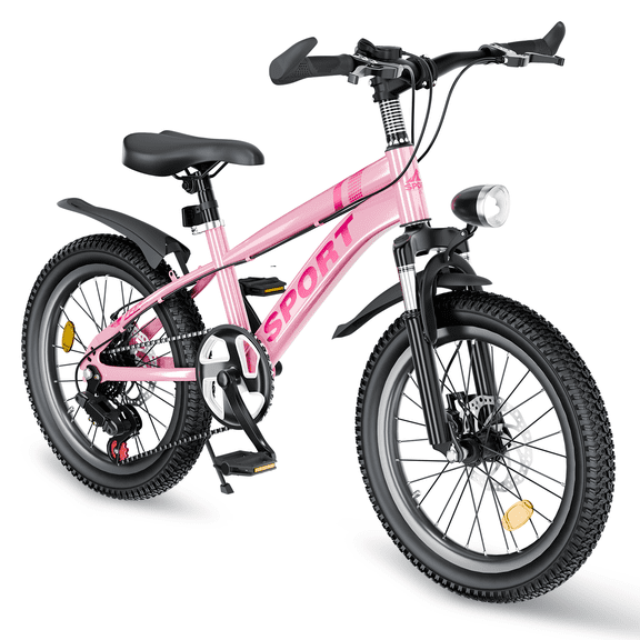 Cirayno 20" Girls Bike with LED Light & Front Suspension, 7 Speed Disc Brake Mountain Bike for Kids Age 7-10 Years, Comfort Steel Frame MTB Bicycle, Pink