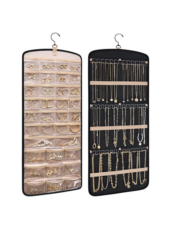 Hanging Jewelry Organizer, Double Sided Anti-tangle Ring Necklace Holder, Earring Organizer Hanger Travel Storage Roll with Pockets Hang on Wall, Door, Closet, Black