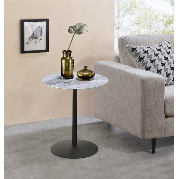 Circa 17.5" End Table Having Gray Marble Top and 3-D Printed Textured Surface along with Steel Foundation