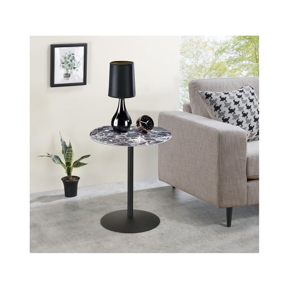 Circa 17.5" Round End Table with Black Marble Textured Glass Top