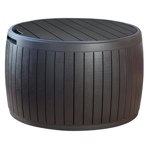 Circa 37 Gallon Deck Box Organizer, Works as Ottoman Chair or Side Table, Brown Large Resin Round Outdoor Storage and Seating for Garden, Pool, and Patio