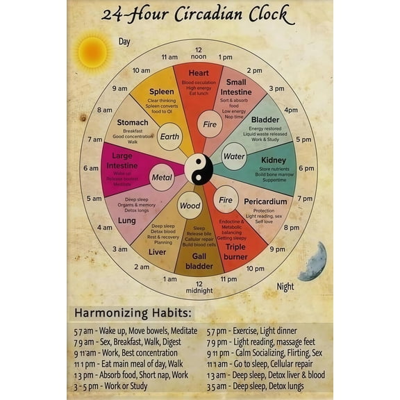 Circadian Clock Body Organ Chart daily rhythm visual guide wall home poster
