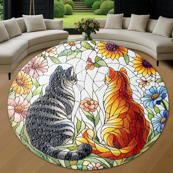 Circle Area Rug, 2 Cats Among Washable Non-Slip Floor Carpet, Soft Rug for Living Room Bedroom Decor 24 Inch
