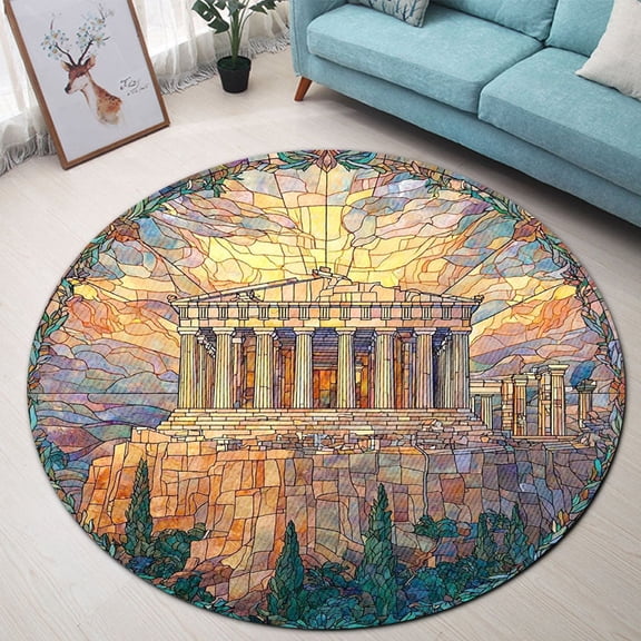 Circle Area Rug, Acropolis Athens 2 Washable Non-Slip Floor Carpet, Soft Rug for Living Room Bedroom Decor 24 Inch