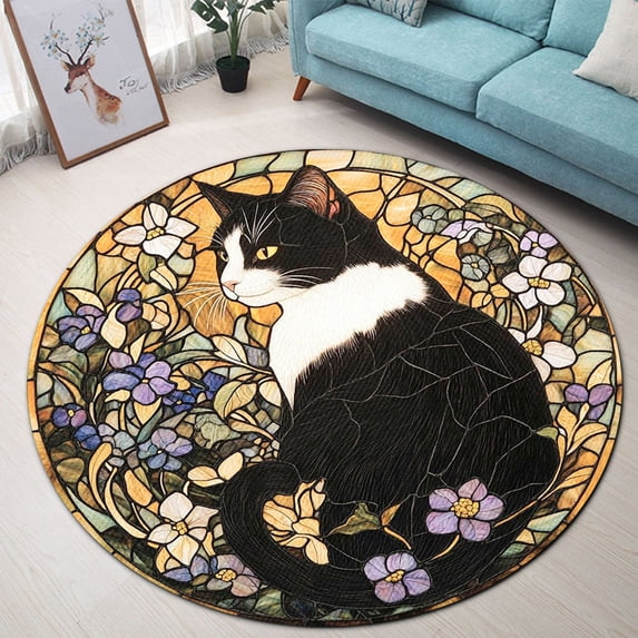 Soft Cat Rug Circle Area Rug, Art Nouveau Floral Tuxedo Cat Washable Non-Slip Floor ...