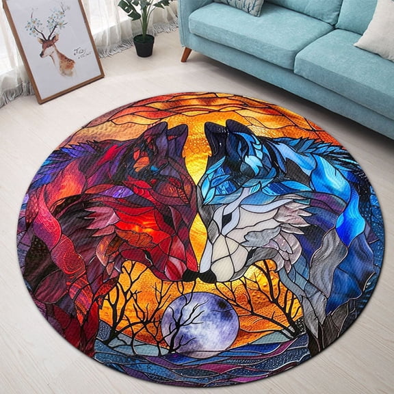 Circle Area Rug, Art Nouveau Wolf Couple 4 Washable Non-Slip Floor Carpet, Soft Rug for Living Room Bedroom Decor 24 Inch