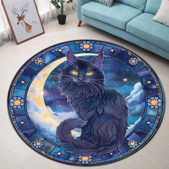 Circle Area Rug, Black Cat Moon Washable Non-Slip Floor Carpet, Soft Rug for Living Room Bedroom Decor 24 Inch