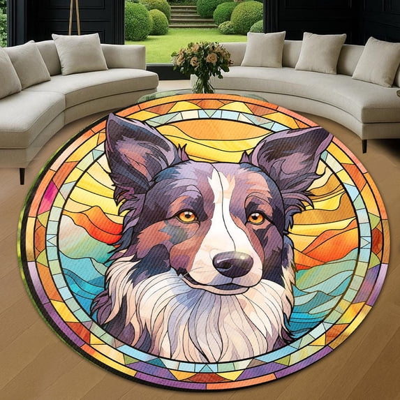 Circle Area Rug, Border Collie2 Washable Non-Slip Floor Carpet, Soft Rug for Living Room Bedroom Decor 71 Inch