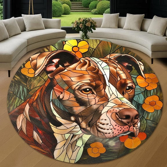 Circle Area Rug, Brown Pitbull Washable Non-Slip Floor Carpet, Soft Rug for Living Room Bedroom Decor 24 Inch