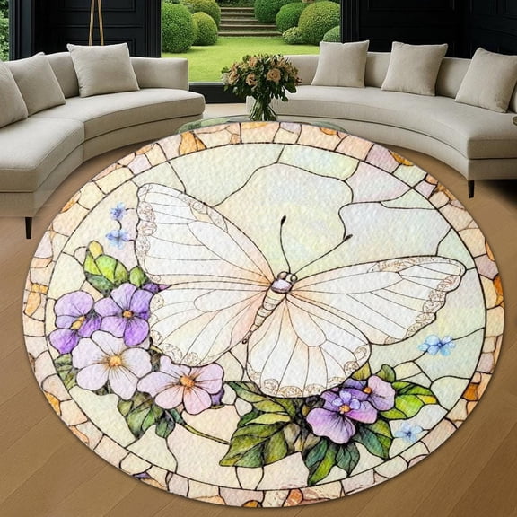 Circle Area Rug, Butterfly15 Washable Non-Slip Floor Carpet, Soft Rug for Living Room Bedroom Decor 24 Inch