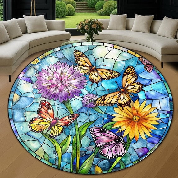 Circle Area Rug, Butterfly26 Washable Non-Slip Floor Carpet, Soft Rug for Living Room Bedroom Decor 31 Inch