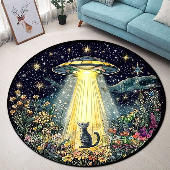 Circle Area Rug, Cat UFO Washable Non-Slip Floor Carpet, Soft Rug for Living Room Bedroom Decor 24 Inch