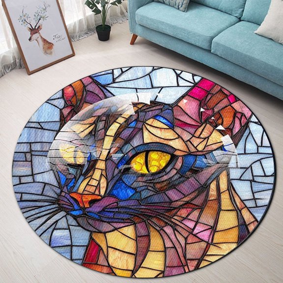 Circle Area Rug, Cat14 Cute Design Washable Non-Slip Floor Carpet, Soft Rug for Living Room Bedroom Decor 24 Inch