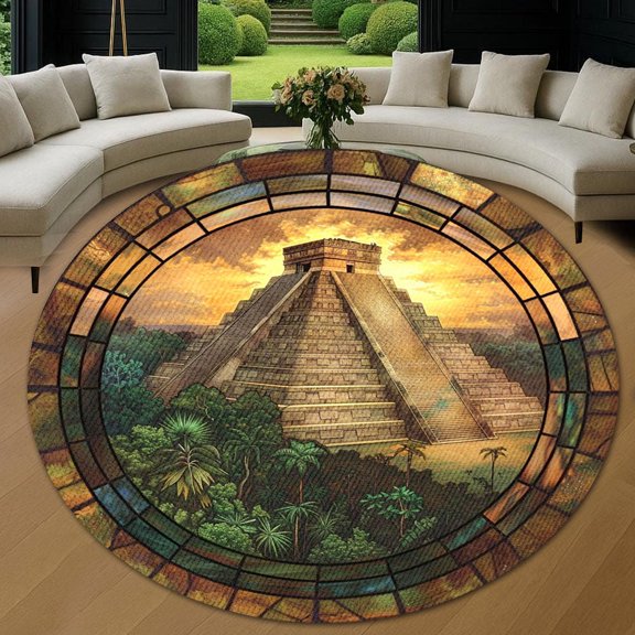 Circle Area Rug, Chichén Itzá Animal Lover Gift Washable Non-Slip Floor Carpet, Soft Rug for Living Room Bedroom Decor 24 Inch