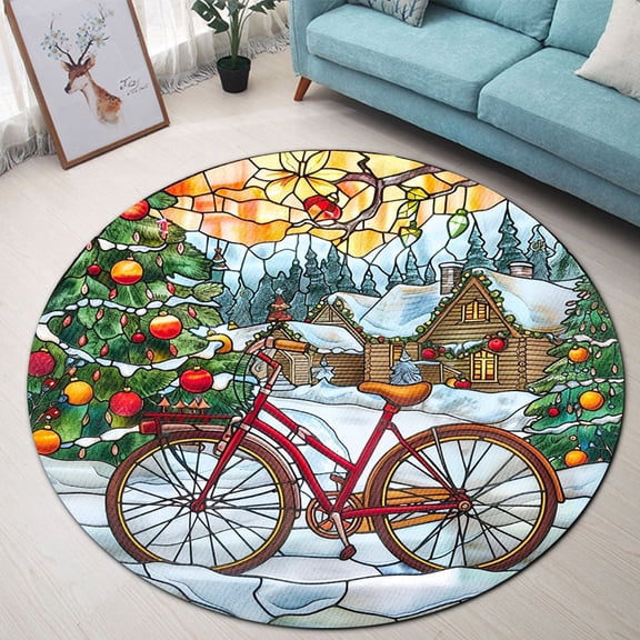 Circle Area Rug, Christmas Bicycle 8 Washable Non-Slip Floor Carpet, Soft Rug for Living Room Bedroom Decor 24 Inch