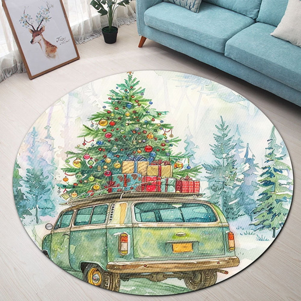 Circle Area Rug, Christmas Camper2 Floral Pattern Washable Non-Slip ...