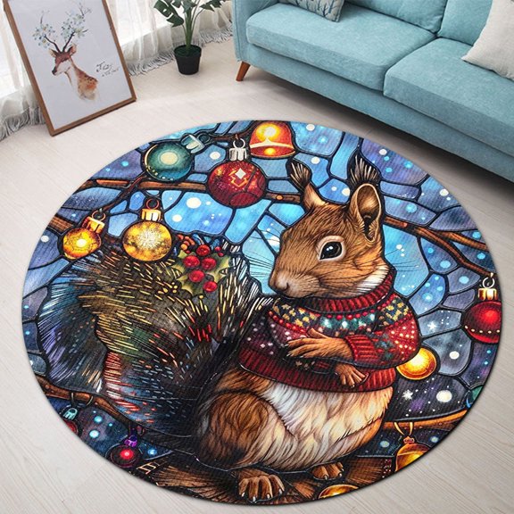 Circle Area Rug, Christmas Squirrel2 Nature Pattern Washable Non-Slip Floor Carpet, Soft Rug for Living Room Bedroom Decor 24 Inch