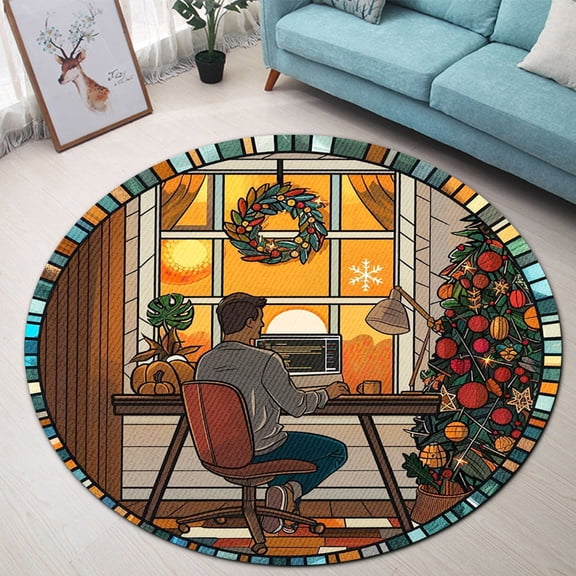 Circle Area Rug, Coding Sunset Nature Pattern Washable Non-Slip Floor Carpet, Soft Rug for Living Room Bedroom Decor 24 Inch