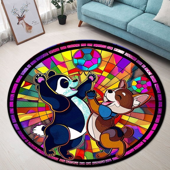 Circle Area Rug, Dancer Panda Corgi 3 Washable Non-Slip Floor Carpet, Soft Rug for Living Room Bedroom Decor 24 Inch