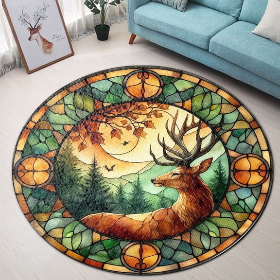 Circle Area Rug, Deer1 Washable Non-Slip Floor Carpet, Soft Rug for Living Room Bedroom Decor 24 Inch