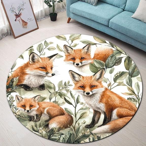Circle Area Rug, Easter Foxs 2 Washable Non-Slip Floor Carpet, Soft Rug for Living Room Bedroom Decor 24 Inch