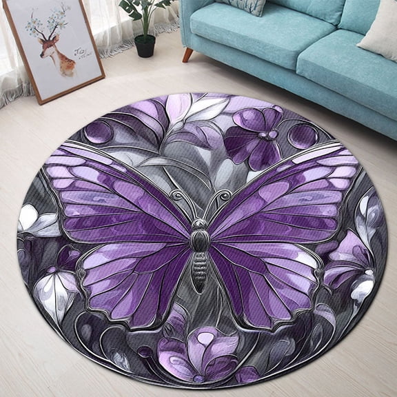 Circle Area Rug, Easter Purple Butterfly 2 Washable Non-Slip Floor Carpet, Soft Rug for Living Room Bedroom Decor 24 Inch