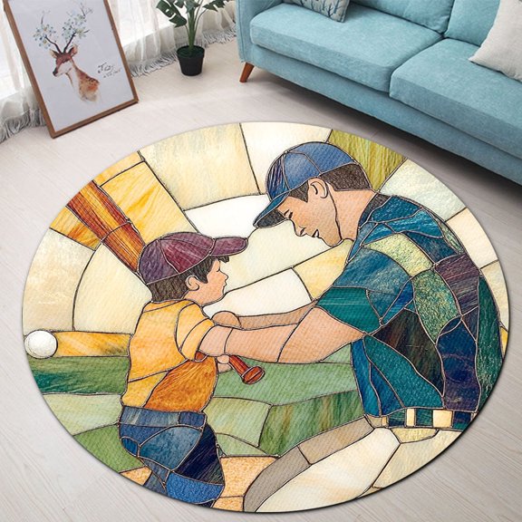 Circle Area Rug, Father Teaching Bat Swing Washable Non-Slip Floor Carpet, Soft Rug for Living Room Bedroom Decor 24 Inch